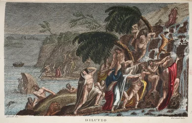 Az özönvíz vagy Diluvio, I. könyv, illusztráció Ovidius Metamorfózisaiból, Firenze, 1832 (kézzel színezett metszet)